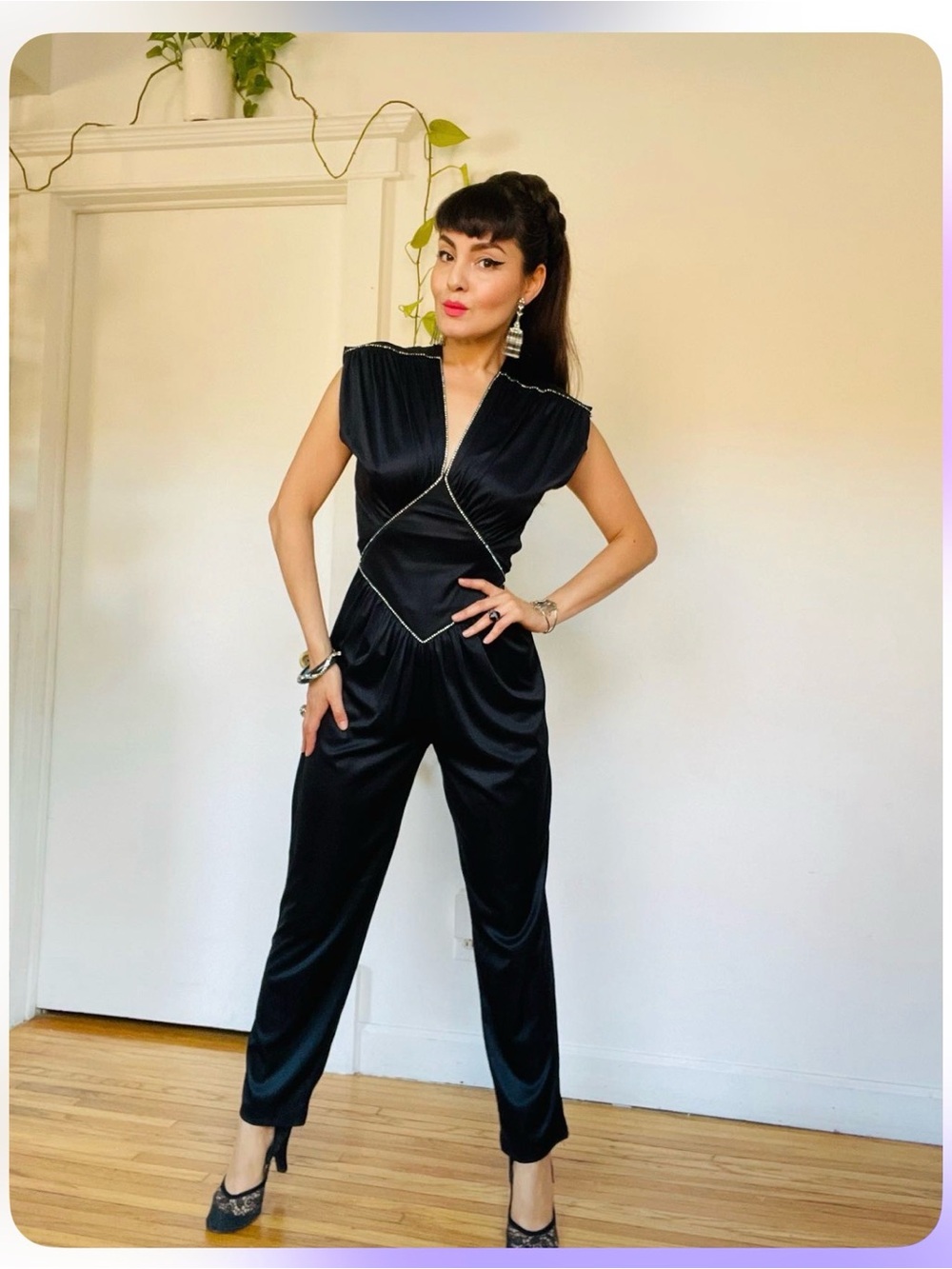 Vintage Vicky Vaughn Black Satin Rhinestone Jumpsuit 80s Glam - Picture 7 of 7